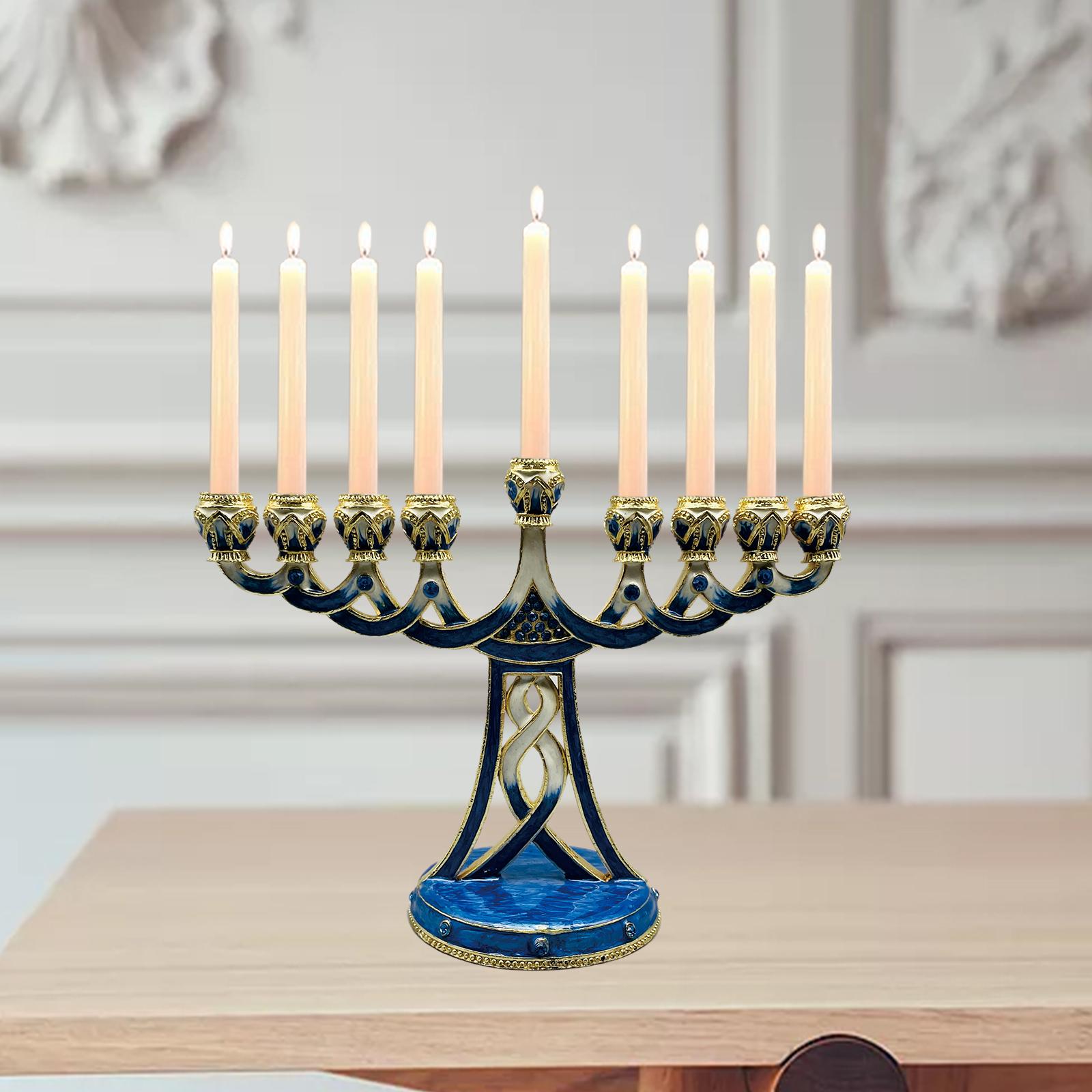 Candle Holder Decor - エナメル加工のメノラー型キャンドルホルダー、アンティーク調、9本の枝を持つ合金製キャンドルスタンド。ハヌカのパーティーやテーブルの装飾に最適。