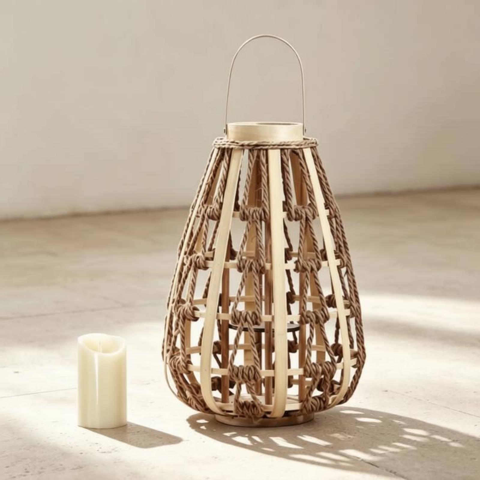 Candle Holder Decor - 天然木ロープランタンキャンドルホルダー 手作りの涙型デザイン 竹製フレーム 素朴な装飾 ホームシェルフ テーブルトップ