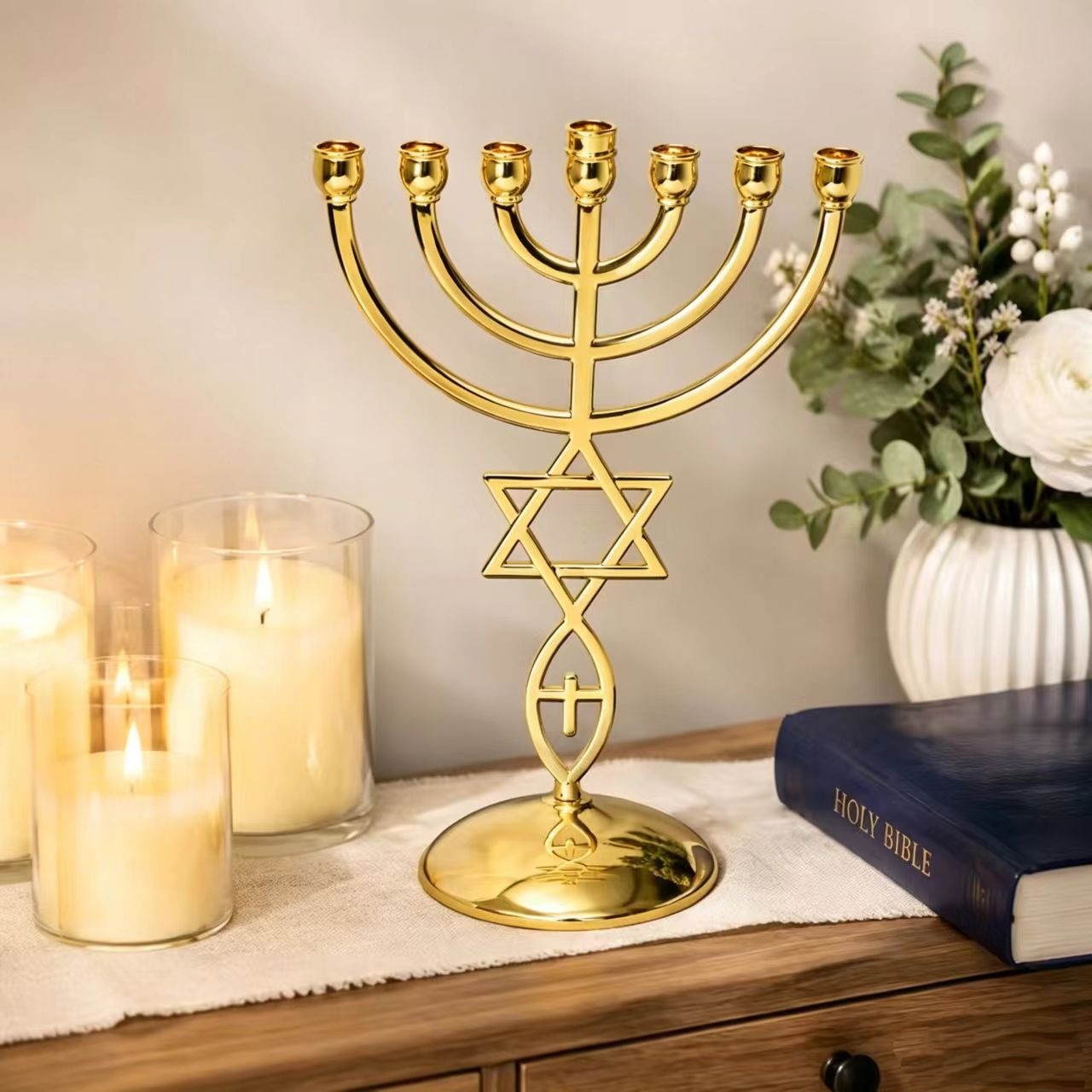 Candle Holder Decor - ハヌカ七灯式燭台セット ダビデの星 ユダヤ教燭台 ホームデコレーション 宗教的ギフト オーナメント