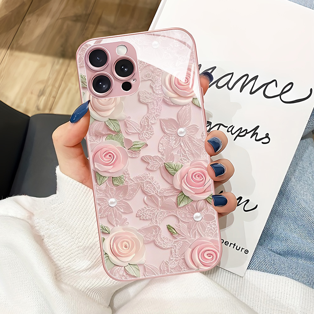 Vase Decor - ピンクの花柄強化ガラス製スマホケース Samsung S26 Ultra S25 S24