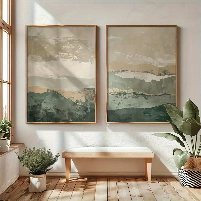 Abstract Canvas Set - 2 ピース/セット侘び寂び抽象幾何学キャンバスプリント緑の山脈日本韓国スタイルの壁アートポスター家の装飾用