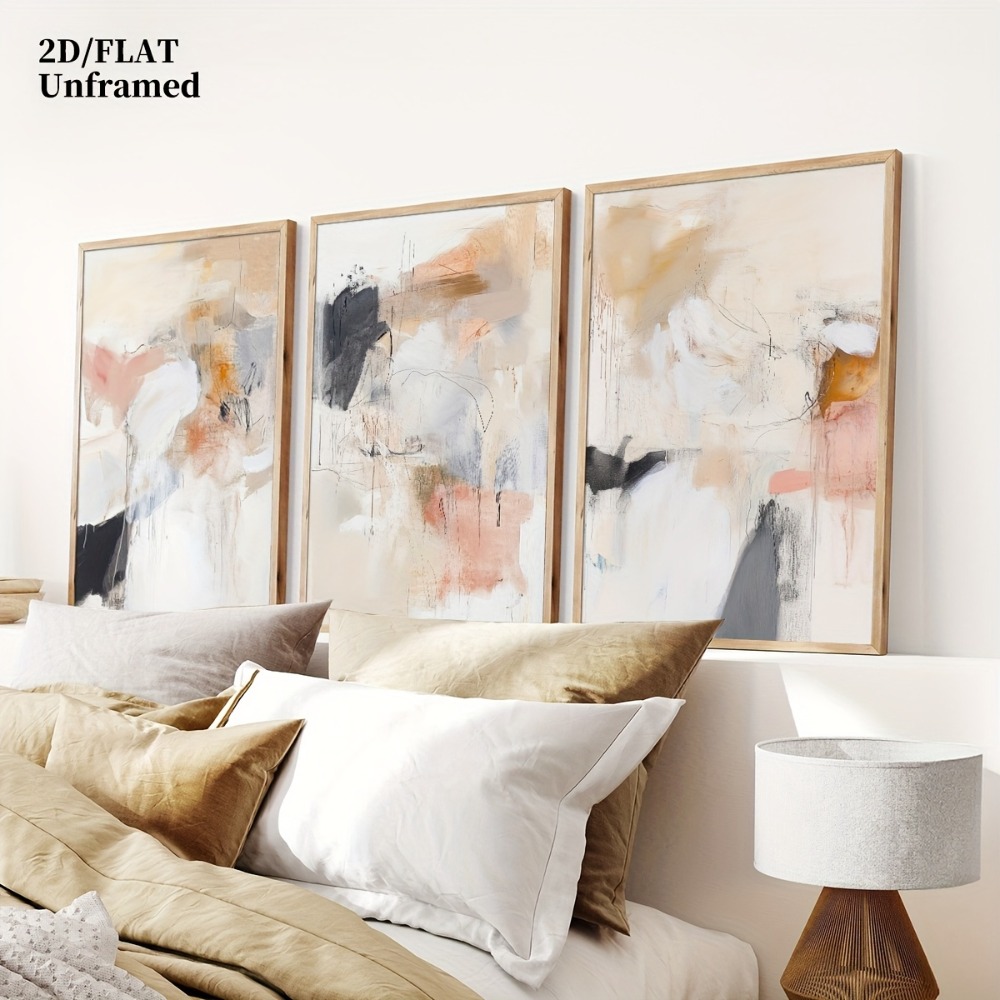 Abstract Canvas Set - 3ピース フレームレス、ニュートラルベージュブラッシュピンク抽象ラインウォールデコレーションアート絵画、夢のような抽象幾何学キャンバスポスター、ルームデコレーション