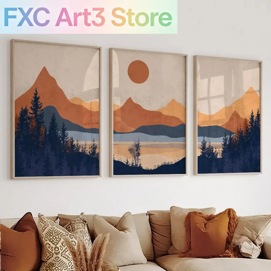 Abstract Canvas Set - 3 ピース/セット フレームレス、テラコッタ ブルー ミニマリスト風景抽象壁アート ポスター