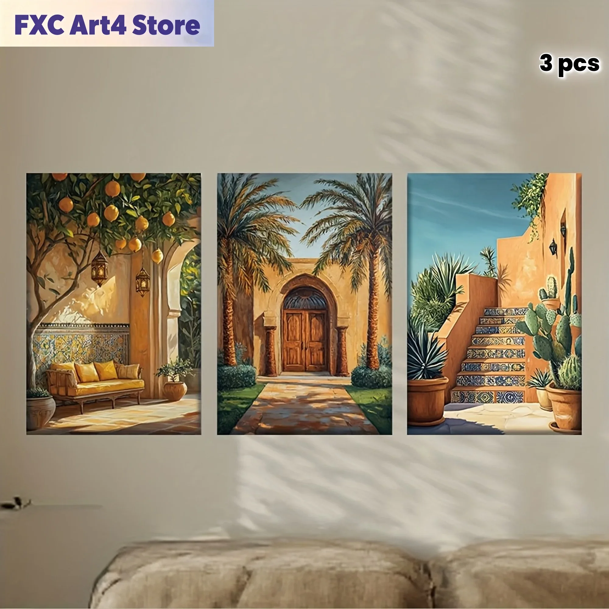 Abstract Canvas Set - フレームレス[JIT]3枚セット、キャンバス絵画--額なし、モロッコ風景アートをあしらった豪華なマラケシュ、ポスターとプリント