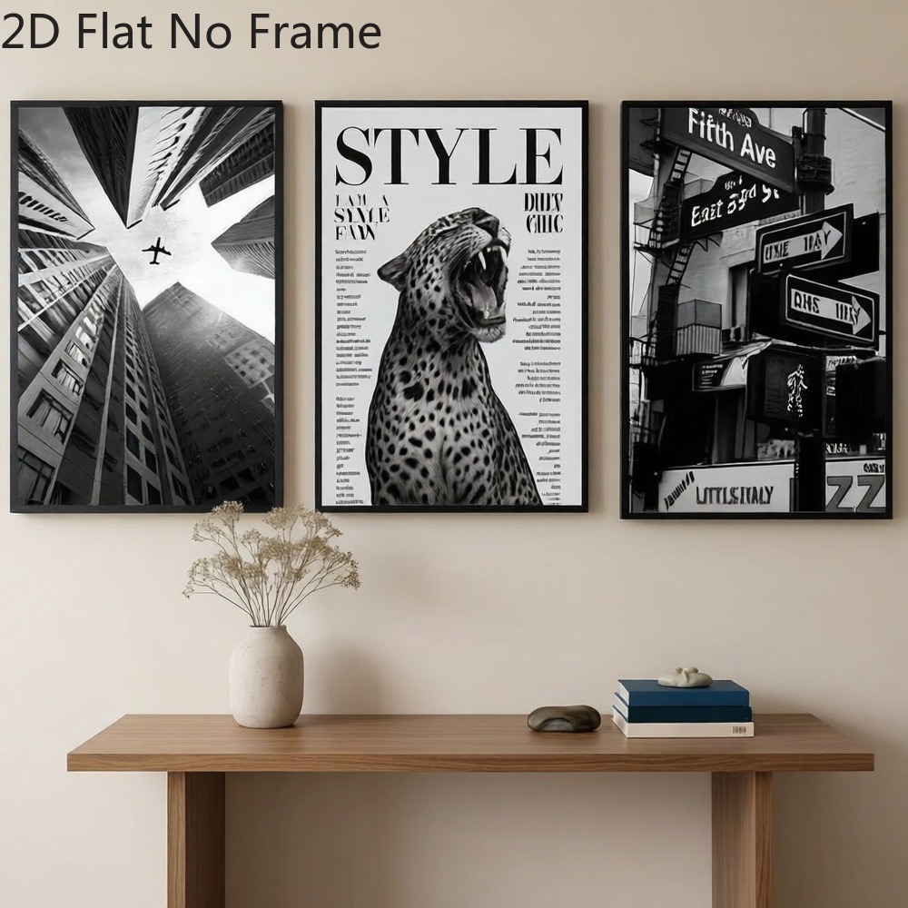 Abstract Canvas Set - （フレームなし3枚セット）-2Dフラット、2D/フラットフレームレス、3枚セット白黒ヒョウ柄ファッションウォールアート、スタイリッシュなヒョウ柄カーテン