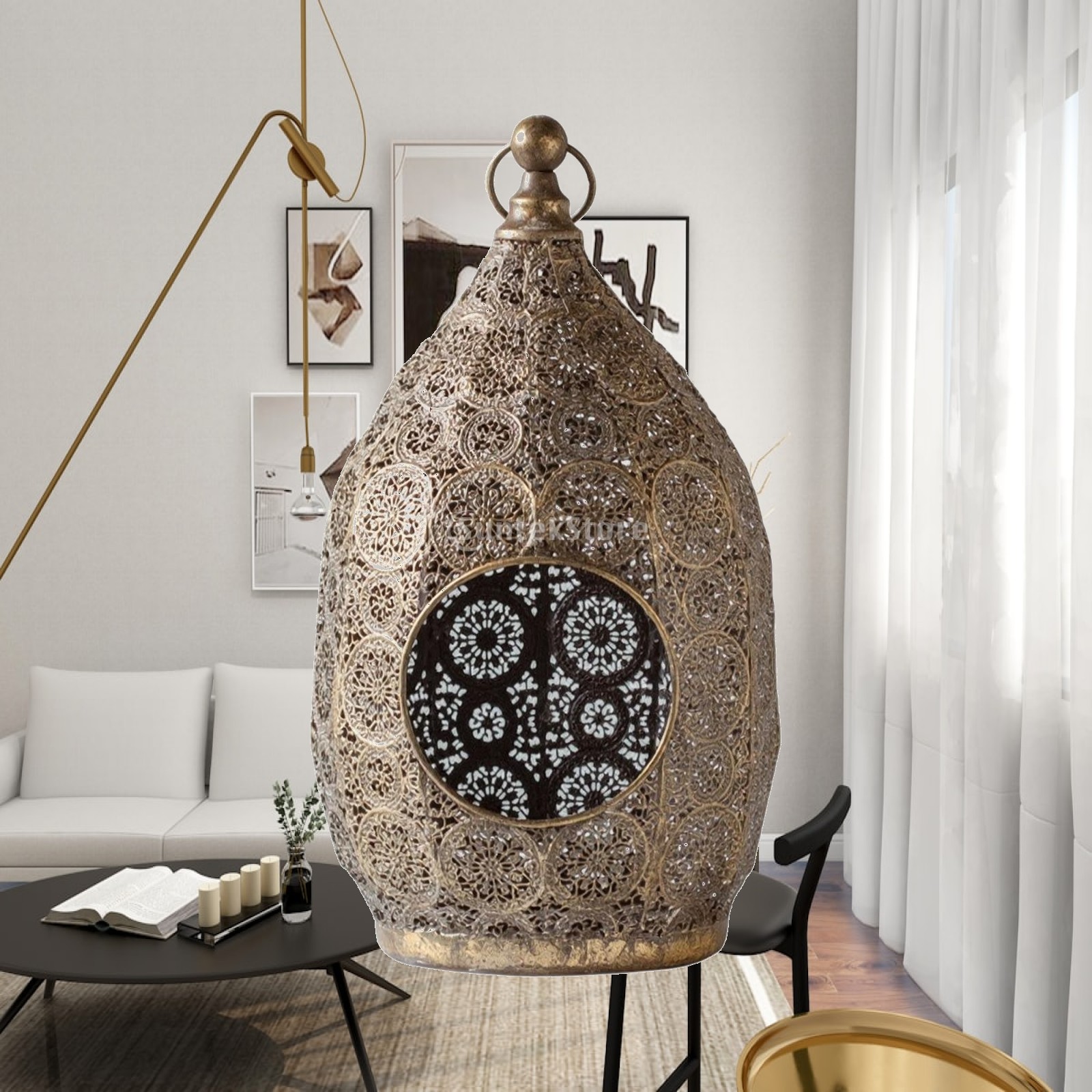 Candle Holder Decor - 卵型のキャンドルランタン、装飾付き、ヴィンテージ風の透かし彫りキャンドルホルダー、吊り下げ用ループ付き、自立型、素朴なデザイン