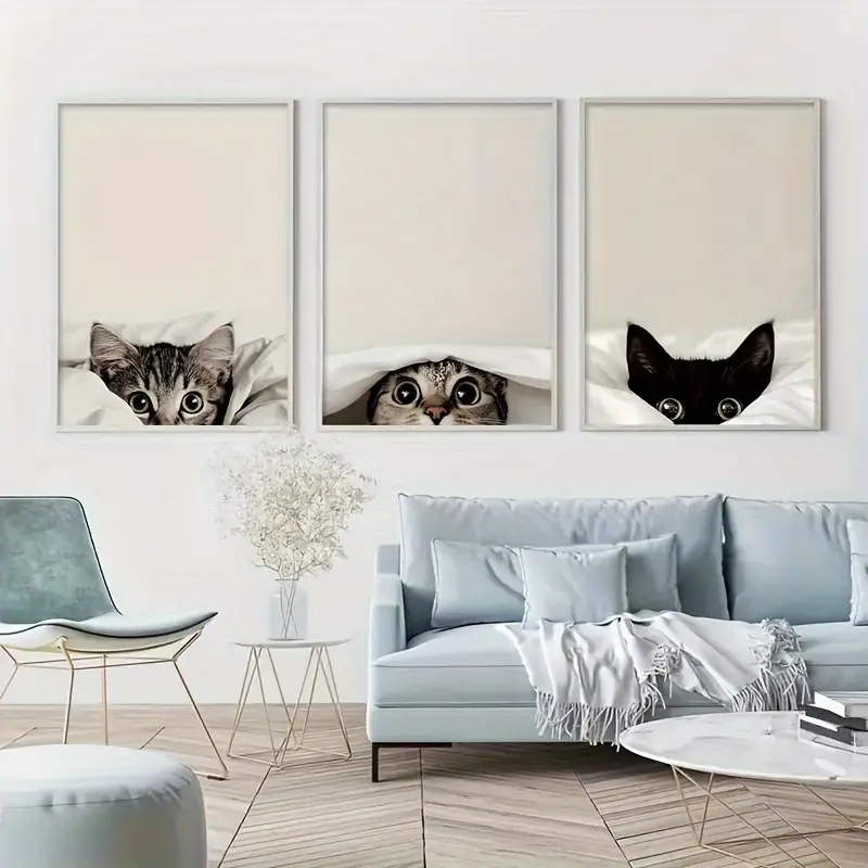 Abstract Canvas Set - 3枚セット：毛布の下に覗く猫のキャンバスプリントセット - 面白い黒猫とタビーキャットのウォールアートポスター（猫好きのリビングルームに最適）