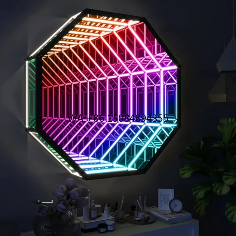 Decorative Mirror - 八角形3D無限鏡ライトトンネルミラー無限鏡LEDマジックライトポータル、素晴らしい部屋の装飾と家庭照明に