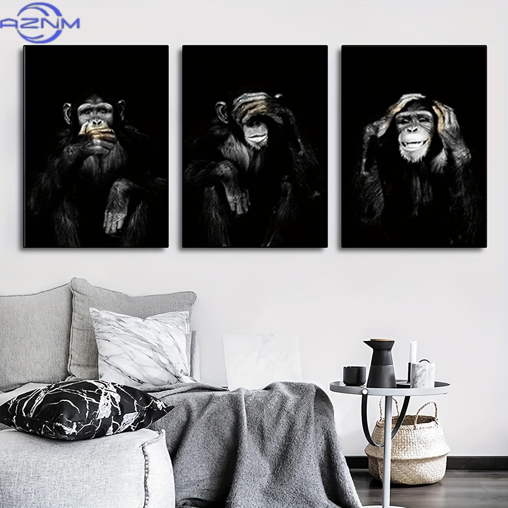 Abstract Canvas Set - 3 ピース/セットビッグサイズフレームなしレトロ黒と白のプリントポスター、面白い猿のキャンバス絵画、防水キャンバスウォールアート、アート