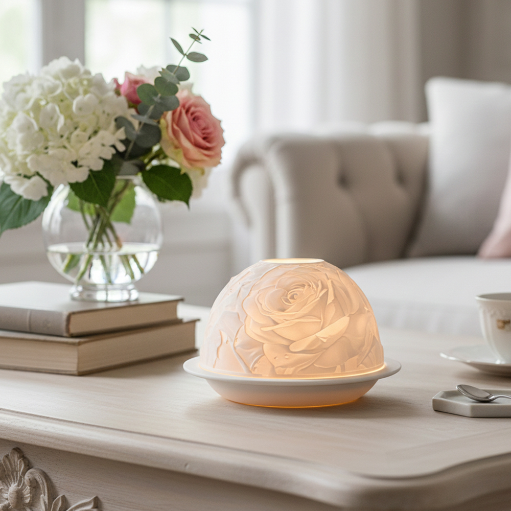 エレガントなローズ柄の磁器製キャンドルホルダー、温かみのある - Candle Holder Decor のレビューと価格