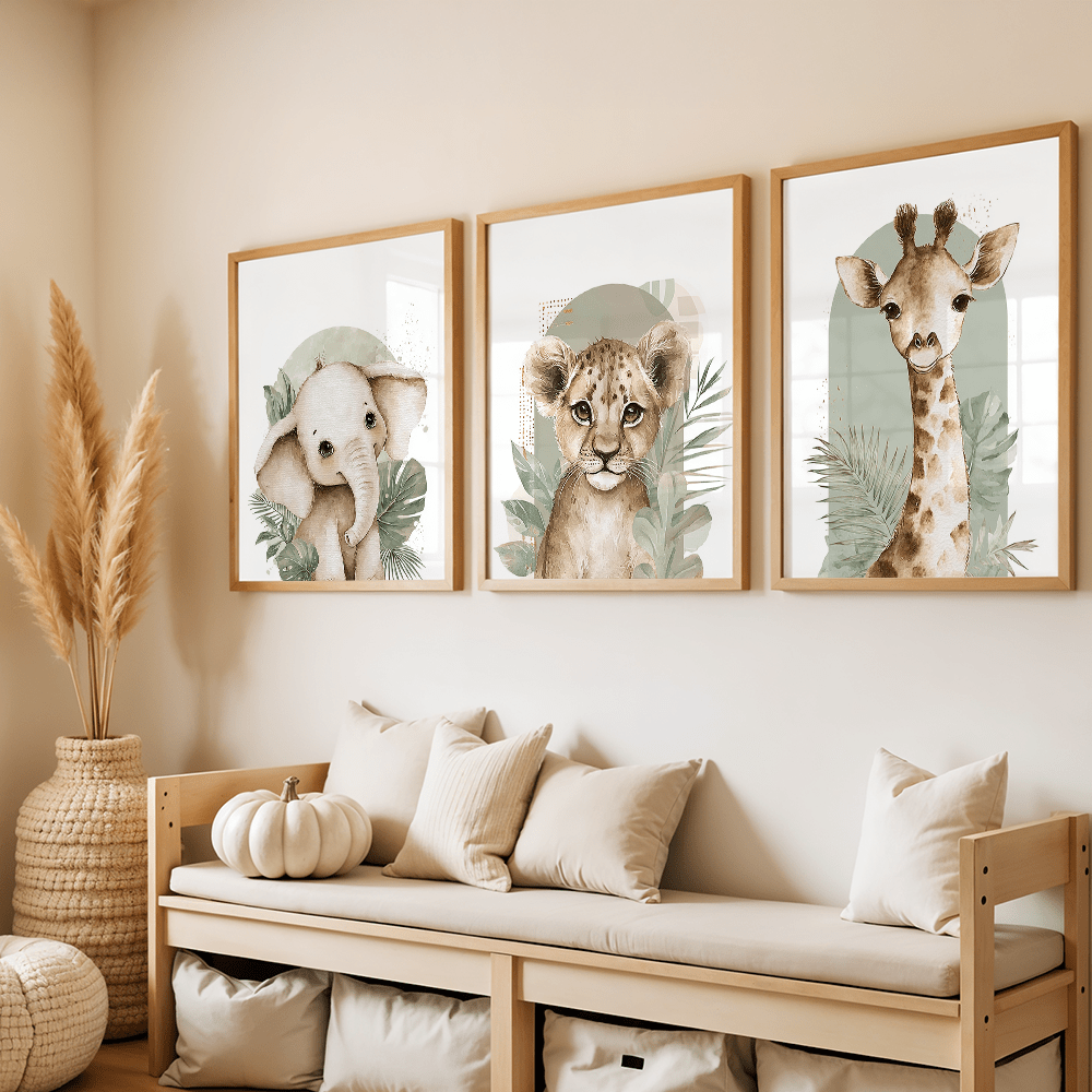 3枚セット レトロな象、ライオン、キリンの動物キャンバスプリ - Abstract Canvas Set のレビューと価格