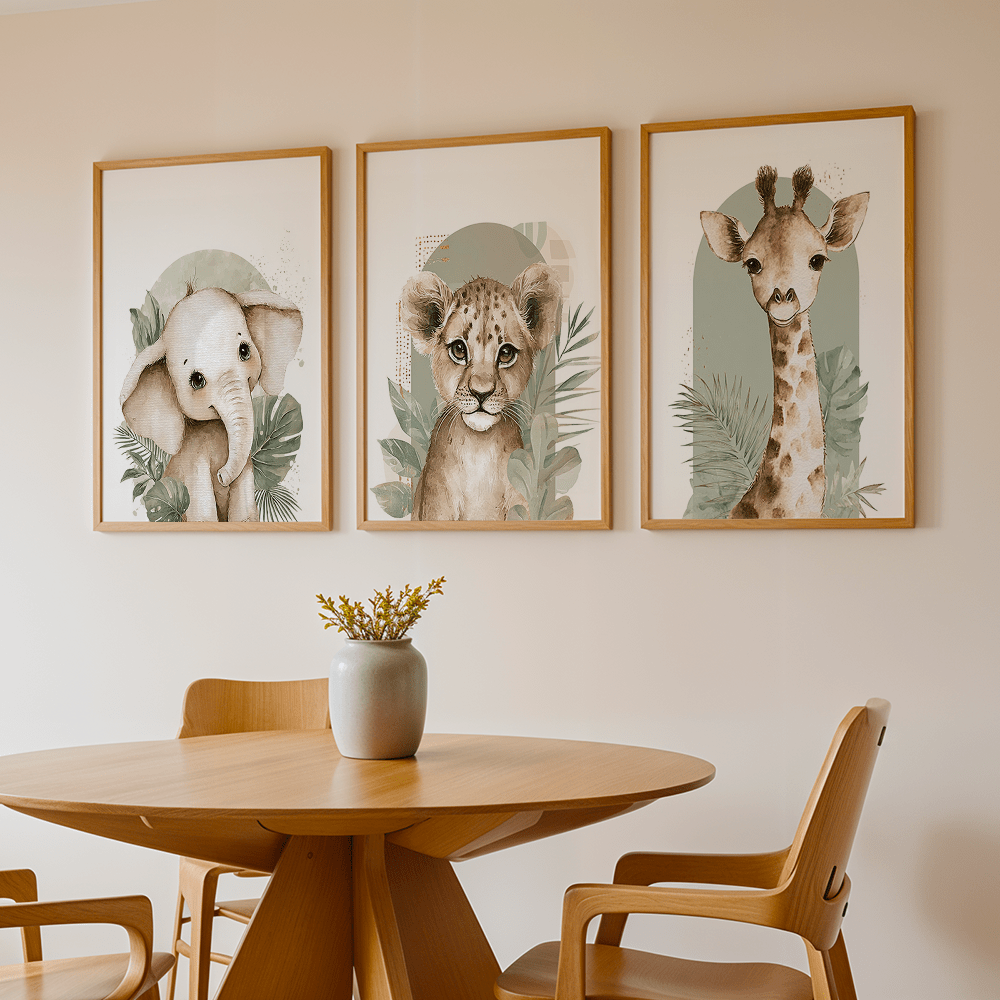 3枚セット レトロな象、ライオン、キリンの動物キャンバスプリ - Abstract Canvas Set のレビューと価格