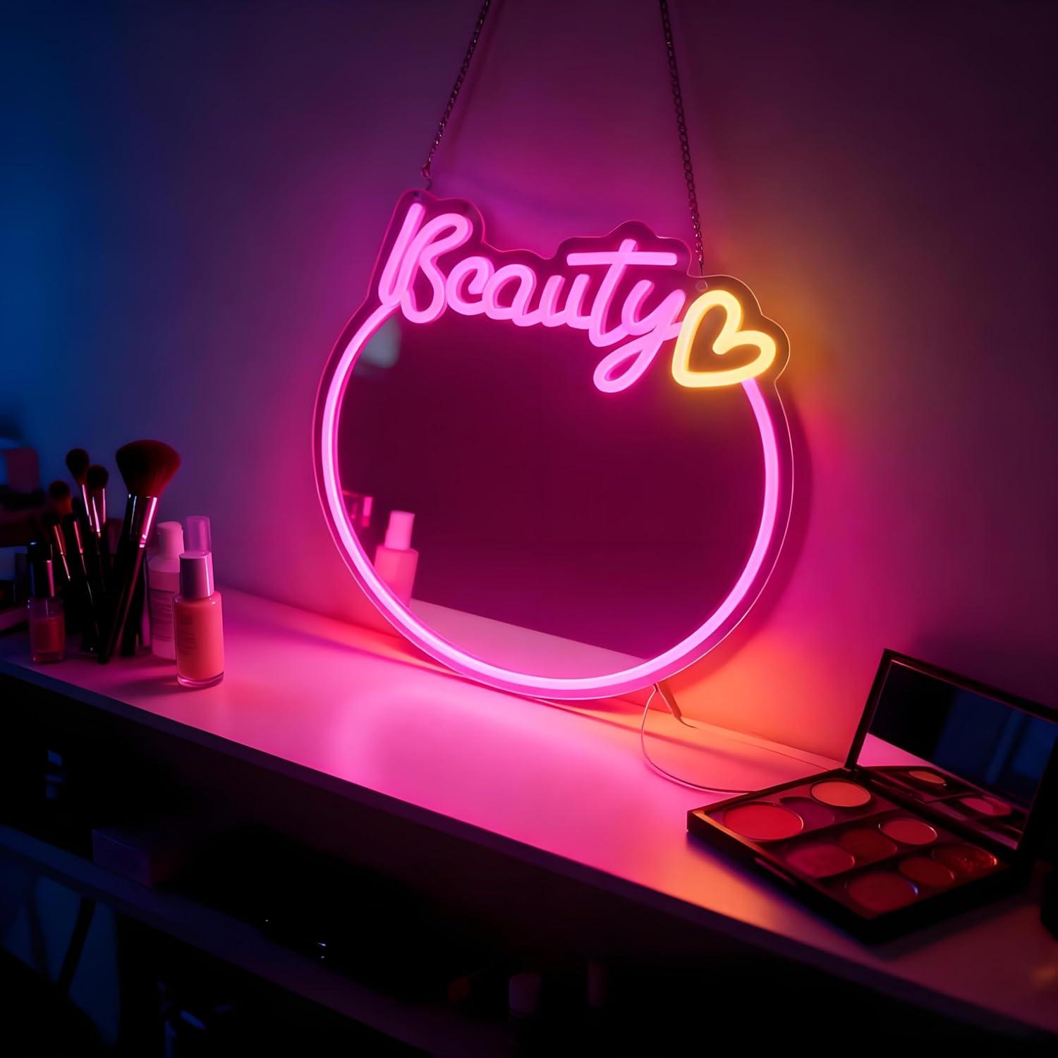 美容ミラー型ネオンサイン。USB接続で調光可能なLEDライト - Decorative Mirror のレビューと価格