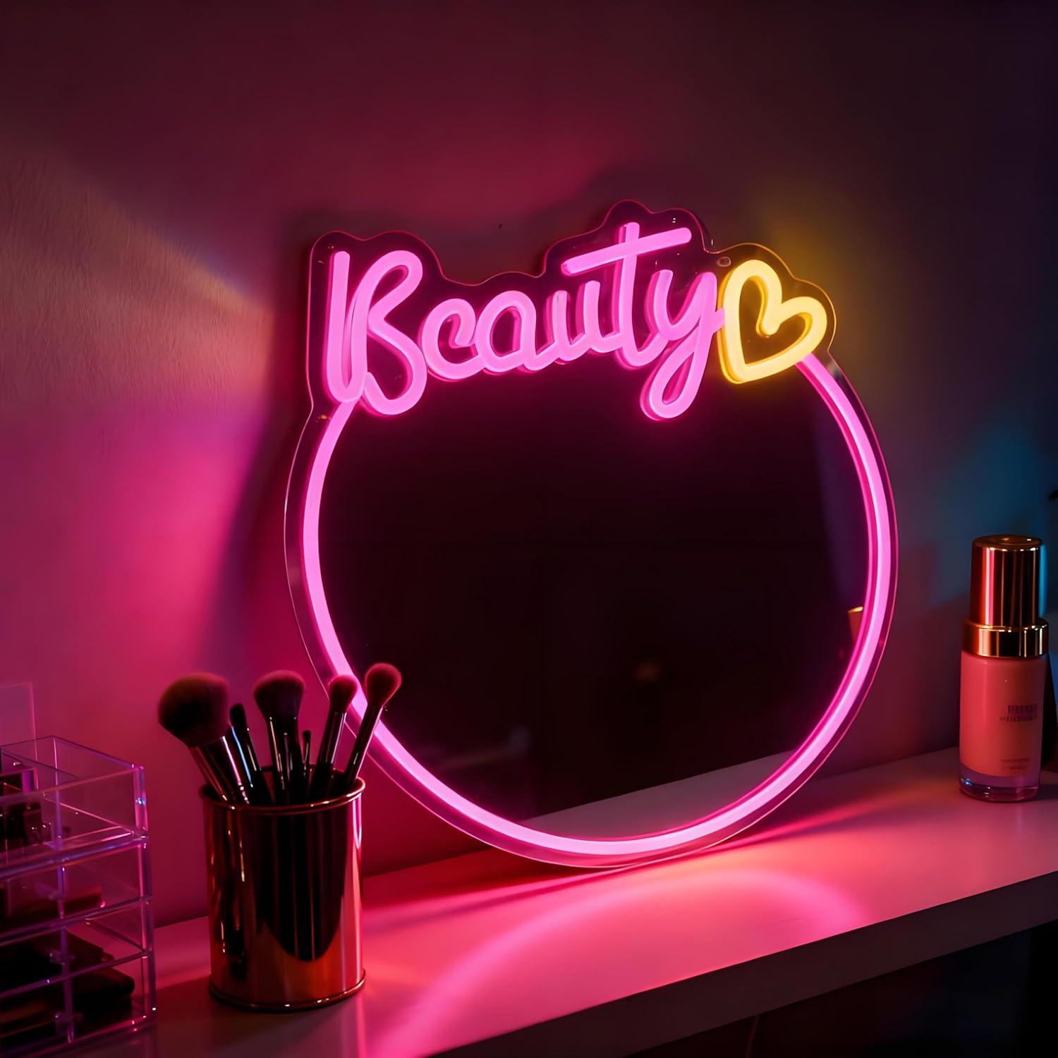 美容ミラー型ネオンサイン。USB接続で調光可能なLEDライト - Decorative Mirror のレビューと価格