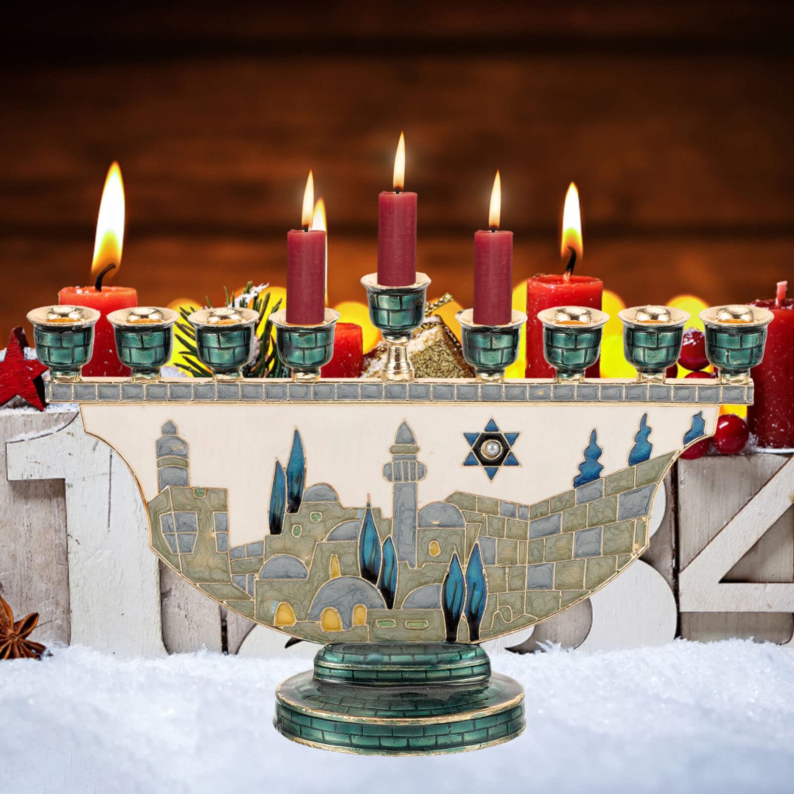 エルサレム・メノラ・ハヌカ・キャンドルホルダー 9枝 エナメ - Candle Holder Decor のレビューと価格