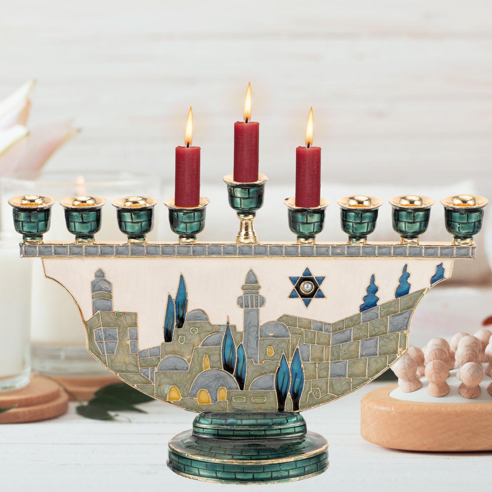 エルサレム・メノラ・ハヌカ・キャンドルホルダー 9枝 エナメ - Candle Holder Decor のレビューと価格